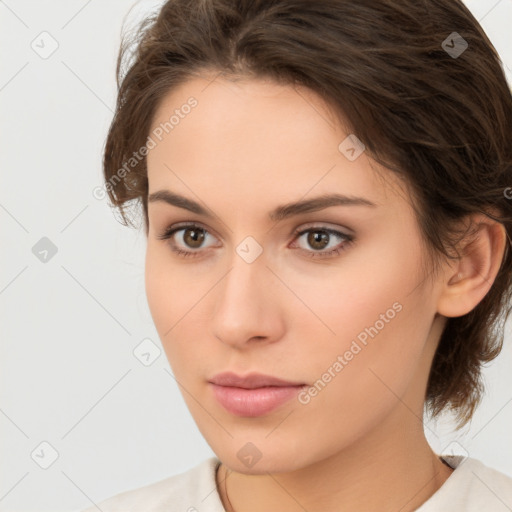 Neutral white young-adult female with medium  brown hair and brown eyes