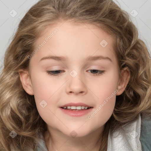 Joyful white child female with medium  brown hair and brown eyes