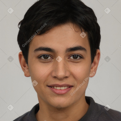 Joyful latino young-adult male with short  brown hair and brown eyes