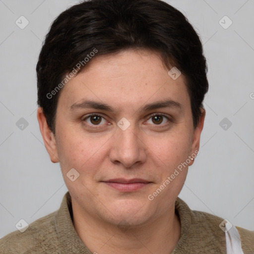 Joyful white young-adult female with short  brown hair and grey eyes