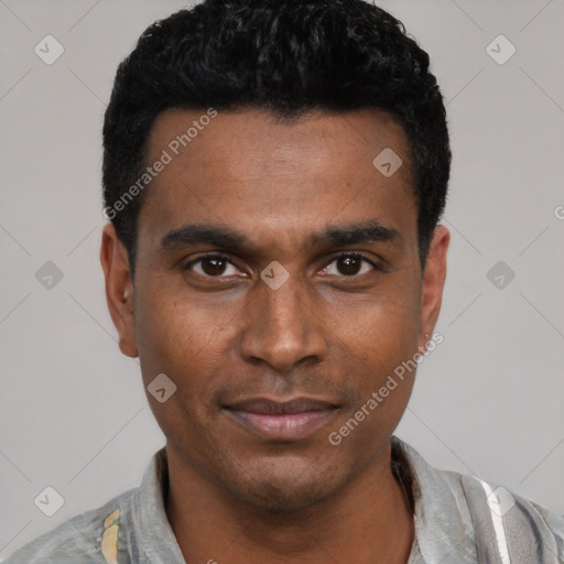Neutral latino young-adult male with short  black hair and brown eyes