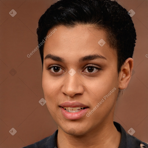 Joyful white young-adult female with short  brown hair and brown eyes