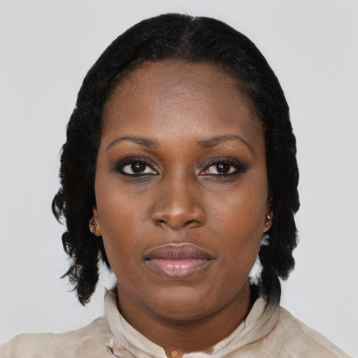 Neutral black adult female with medium  black hair and brown eyes