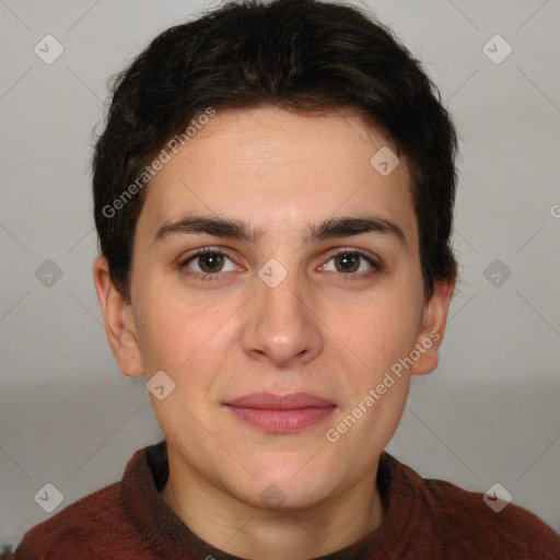 Joyful white young-adult female with short  brown hair and brown eyes