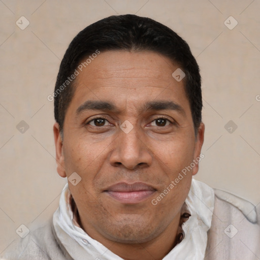 Joyful white adult male with short  black hair and brown eyes