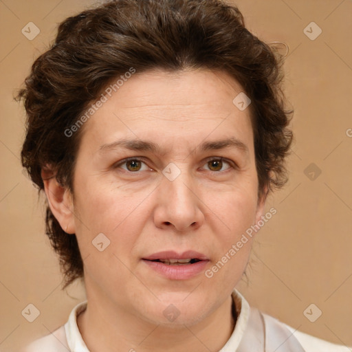 Joyful white adult female with short  brown hair and brown eyes