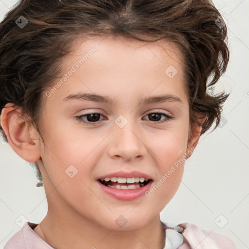 Joyful white child female with short  brown hair and brown eyes