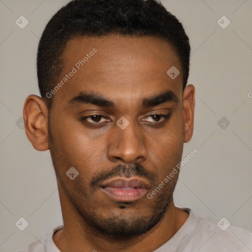 Neutral latino young-adult male with short  black hair and brown eyes