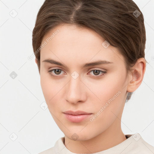 Neutral white young-adult female with short  brown hair and brown eyes