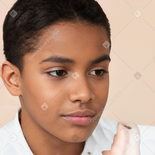 Neutral white young-adult female with short  brown hair and brown eyes