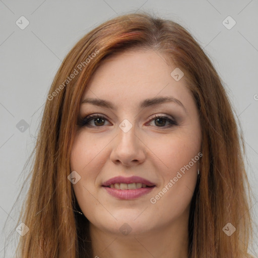 Joyful white young-adult female with long  brown hair and brown eyes