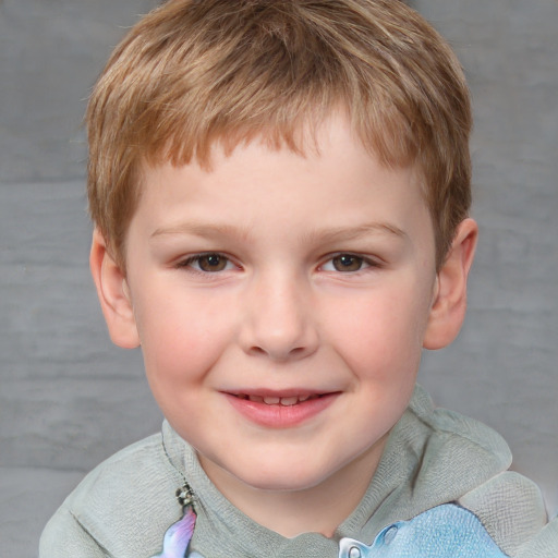 Joyful white child male with short  brown hair and grey eyes