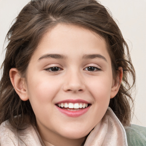 Joyful white child female with medium  brown hair and brown eyes