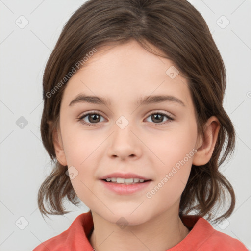 Joyful white child female with medium  brown hair and brown eyes