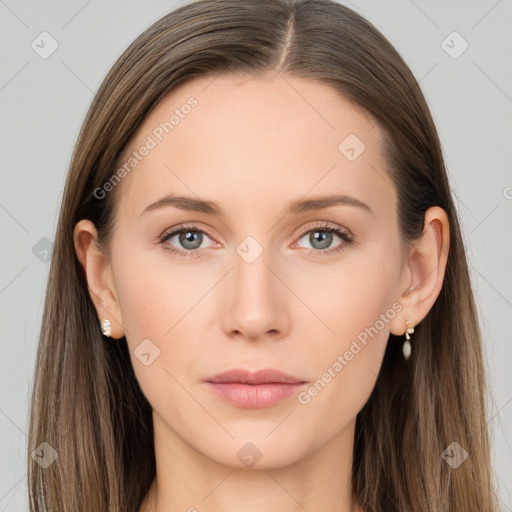 Neutral white young-adult female with long  brown hair and grey eyes