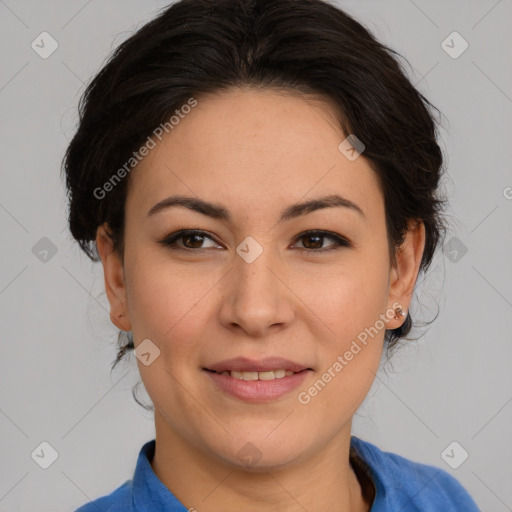 Joyful asian adult female with medium  brown hair and brown eyes