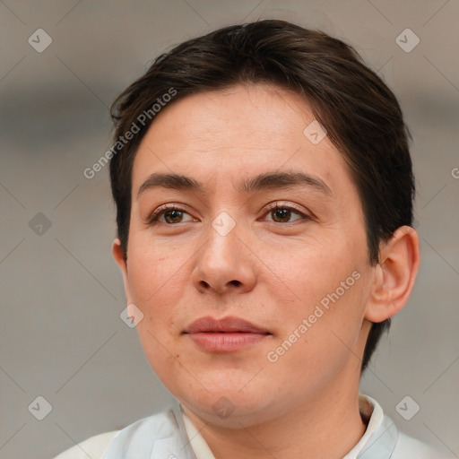 Neutral white young-adult female with short  brown hair and brown eyes