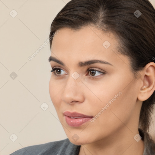 Neutral white young-adult female with medium  brown hair and brown eyes