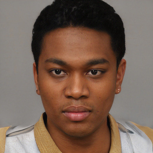 Neutral black young-adult male with short  black hair and brown eyes
