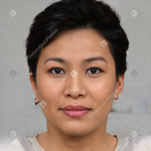 Joyful asian young-adult female with short  black hair and brown eyes