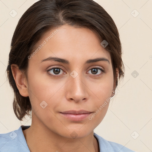 Neutral white young-adult female with medium  brown hair and brown eyes