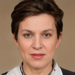 Joyful white adult female with short  brown hair and grey eyes