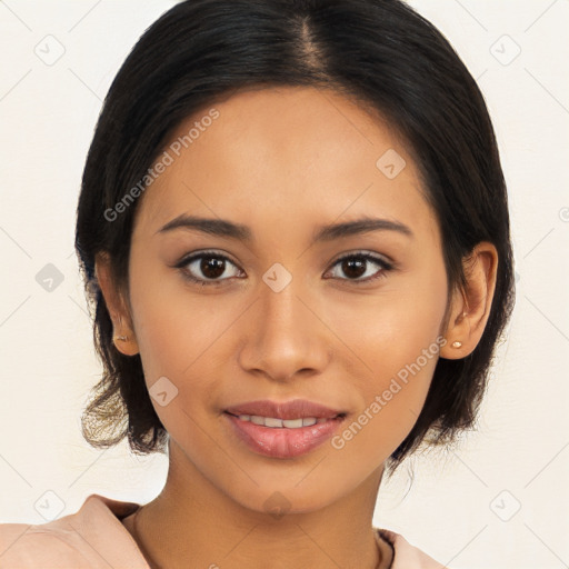 Joyful latino young-adult female with medium  brown hair and brown eyes