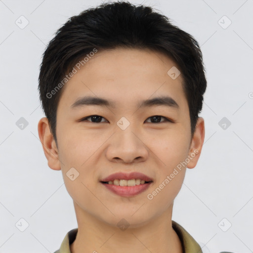 Joyful asian young-adult male with short  brown hair and brown eyes