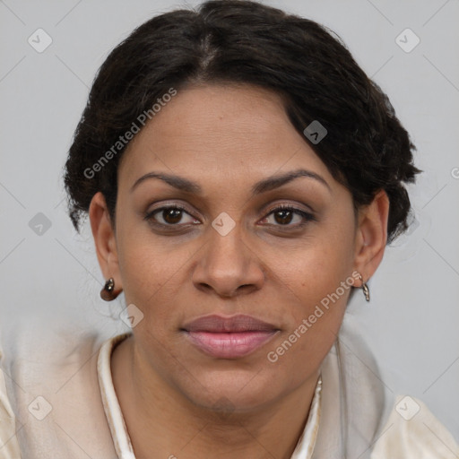 Joyful latino young-adult female with short  brown hair and brown eyes