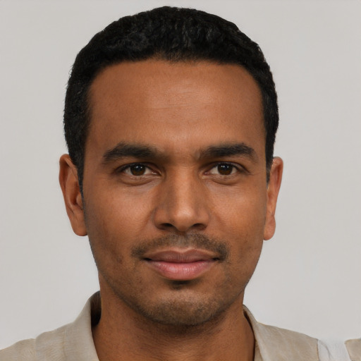 Neutral black young-adult male with short  black hair and brown eyes