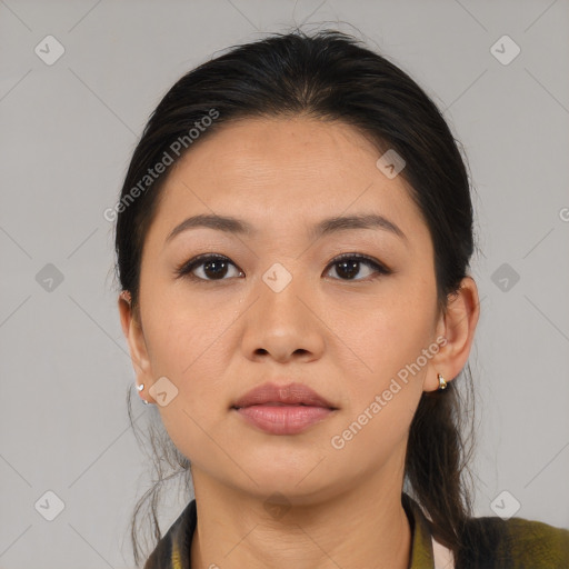 Neutral asian young-adult female with medium  brown hair and brown eyes