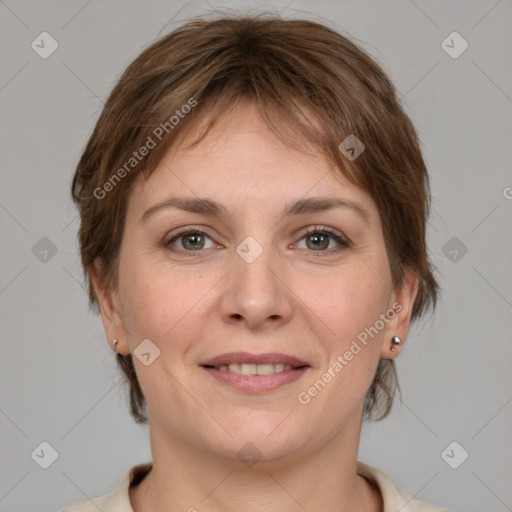 Joyful white young-adult female with medium  brown hair and grey eyes