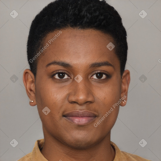 Joyful black young-adult female with short  black hair and brown eyes