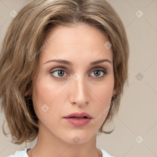 Neutral white young-adult female with medium  brown hair and green eyes