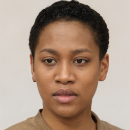 Neutral black young-adult female with short  black hair and brown eyes