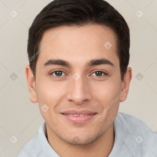 Joyful white young-adult male with short  brown hair and brown eyes