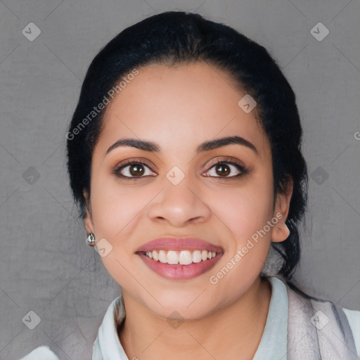 Joyful asian young-adult female with medium  black hair and brown eyes