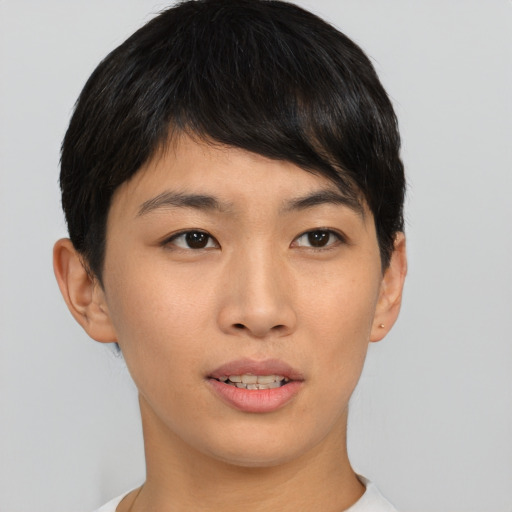 Neutral asian young-adult female with short  brown hair and brown eyes