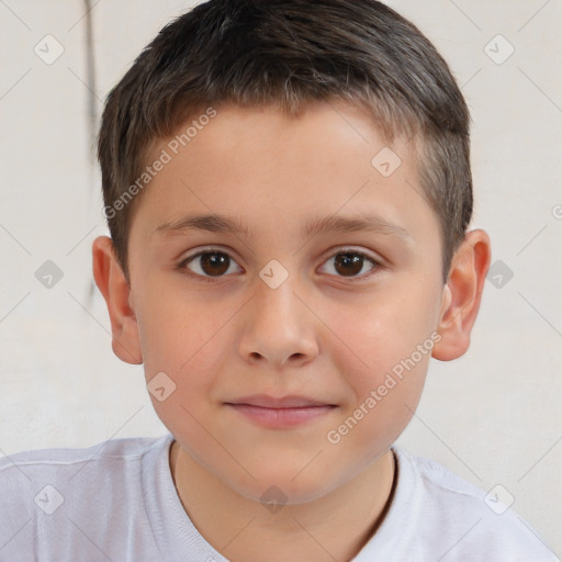 Joyful white child male with short  brown hair and brown eyes