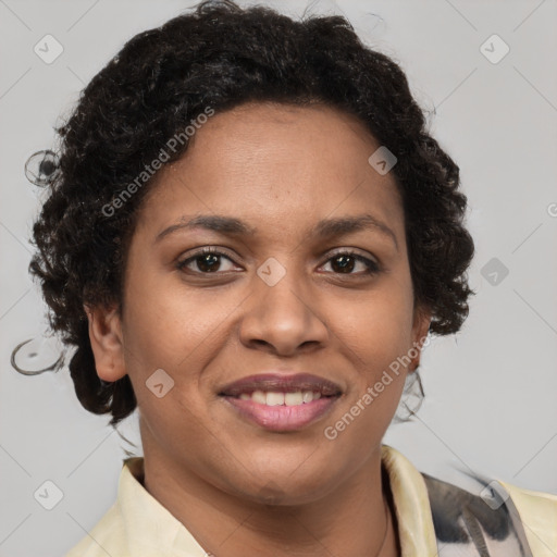 Joyful black young-adult female with short  brown hair and brown eyes