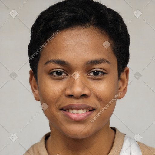 Joyful latino young-adult female with short  black hair and brown eyes