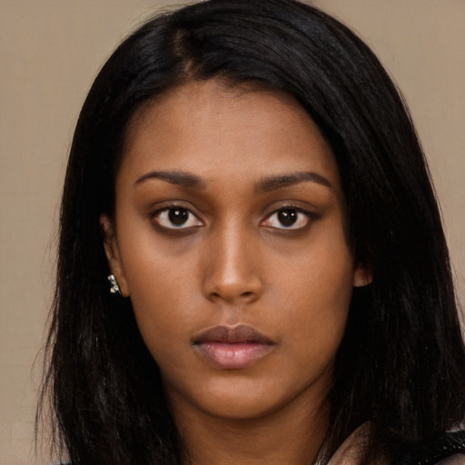 Neutral asian young-adult female with long  black hair and brown eyes