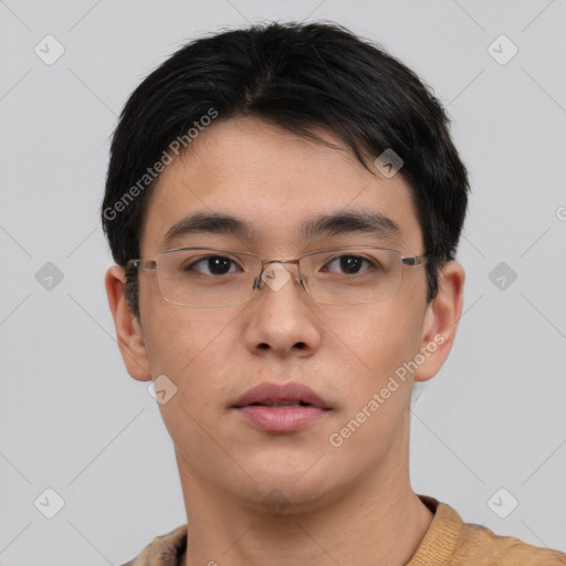 Neutral asian young-adult male with short  brown hair and brown eyes