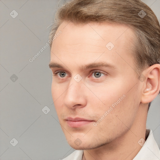 Neutral white young-adult male with short  brown hair and grey eyes