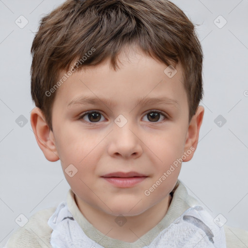 Joyful white child male with short  brown hair and brown eyes