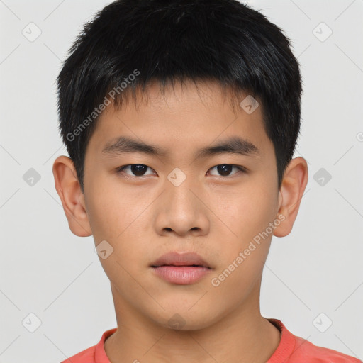 Neutral asian young-adult male with short  brown hair and brown eyes