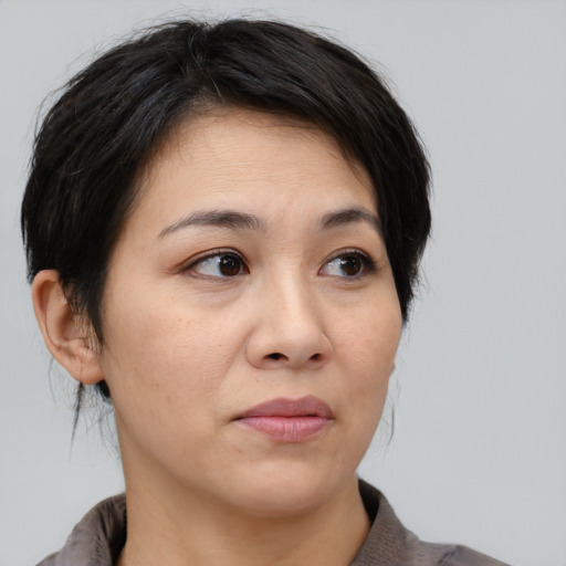 Neutral asian adult female with medium  brown hair and brown eyes