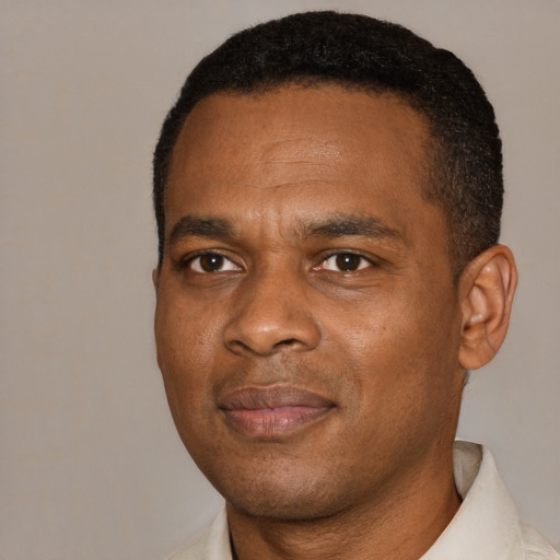 Joyful black young-adult male with short  brown hair and brown eyes