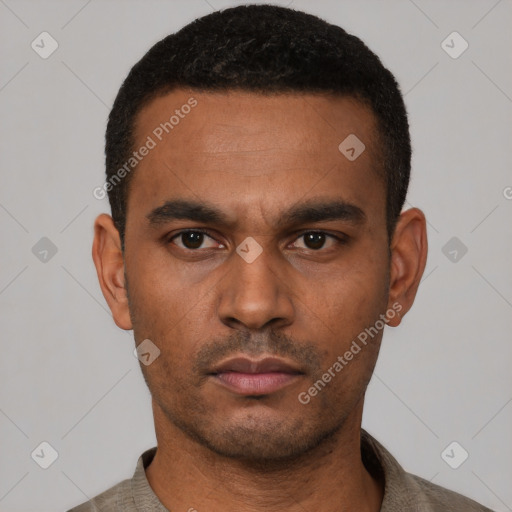 Neutral latino young-adult male with short  black hair and brown eyes