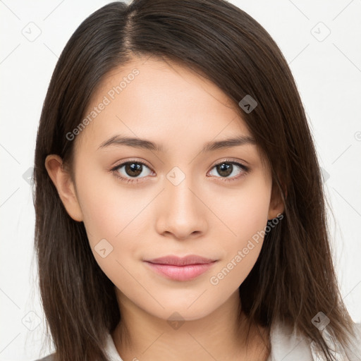 Neutral white young-adult female with long  brown hair and brown eyes